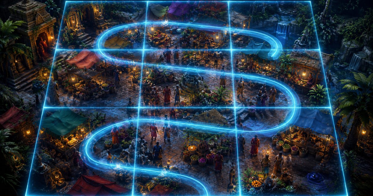 Original editorial illustration: a subtle three-by-three cyan grid turns one detailed market scene into complete, trackable coverage