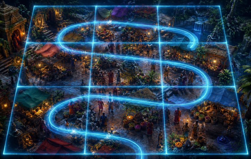 Original editorial illustration: a subtle three-by-three cyan grid turns one detailed market scene into complete, trackable coverage