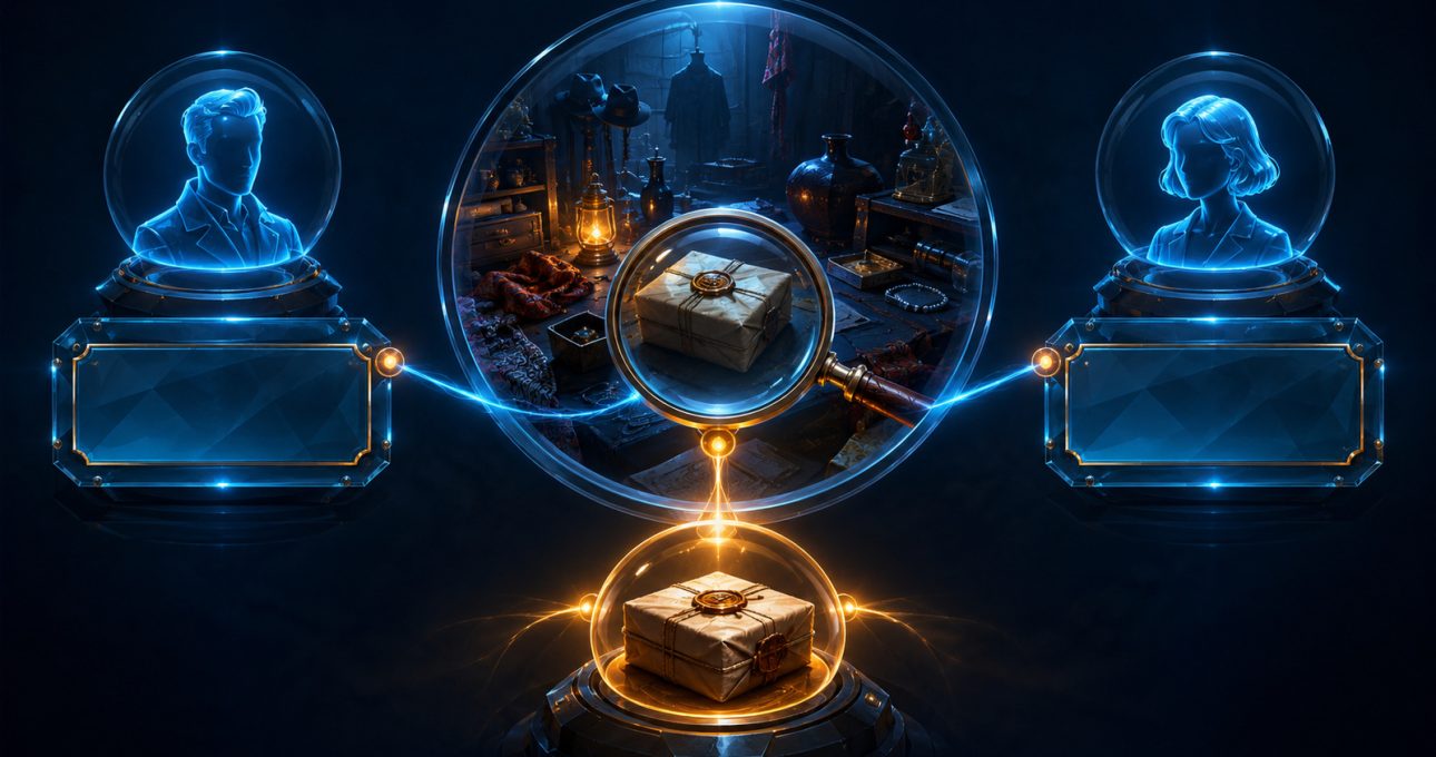 Original editorial illustration: two blank naming records converge on one exact package artifact and a single hidden-object scene identity