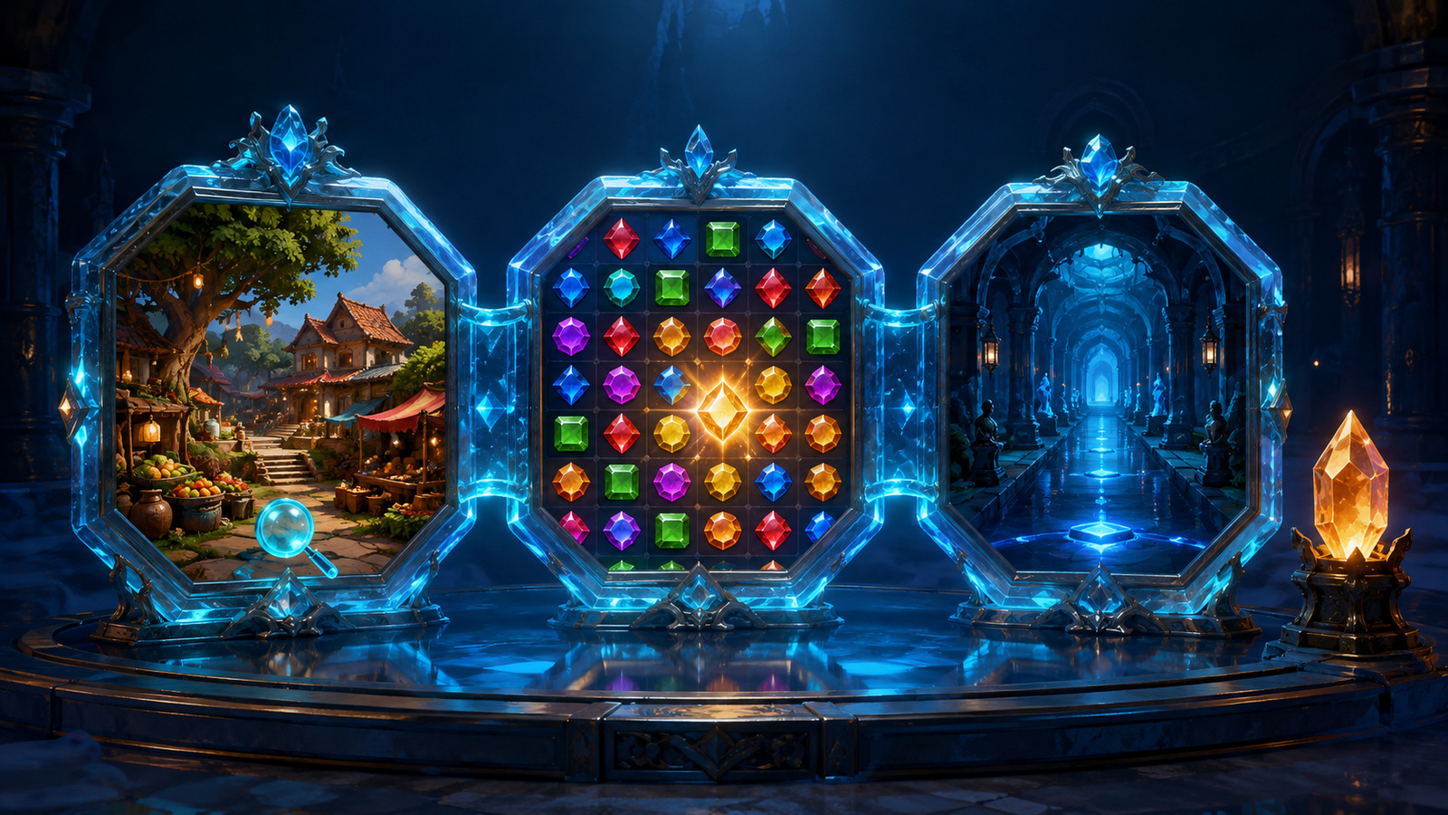 Original editorial illustration: case searching, a generic matching grid and an endless corridor remain separate named update themes beside one maintenance crystal