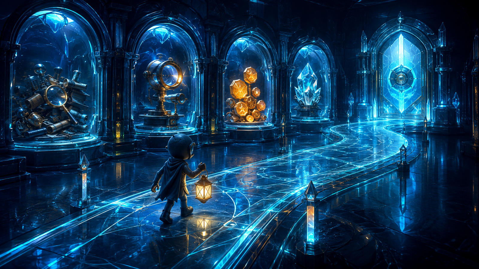 Original editorial illustration: gameplay, performance, commercial and feedback evidence occupy separate chambers before the future update archive