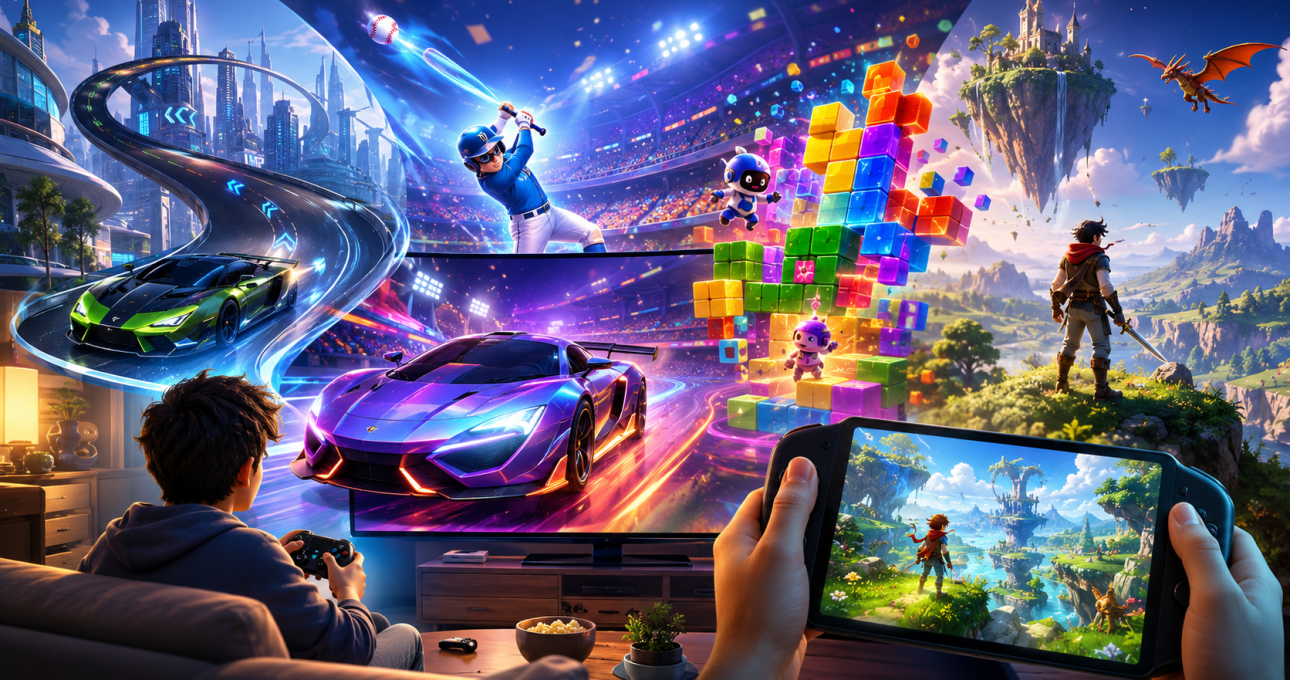 A device-first view connects racing, sports, puzzle and adventure choices without treating one title as a universal winner